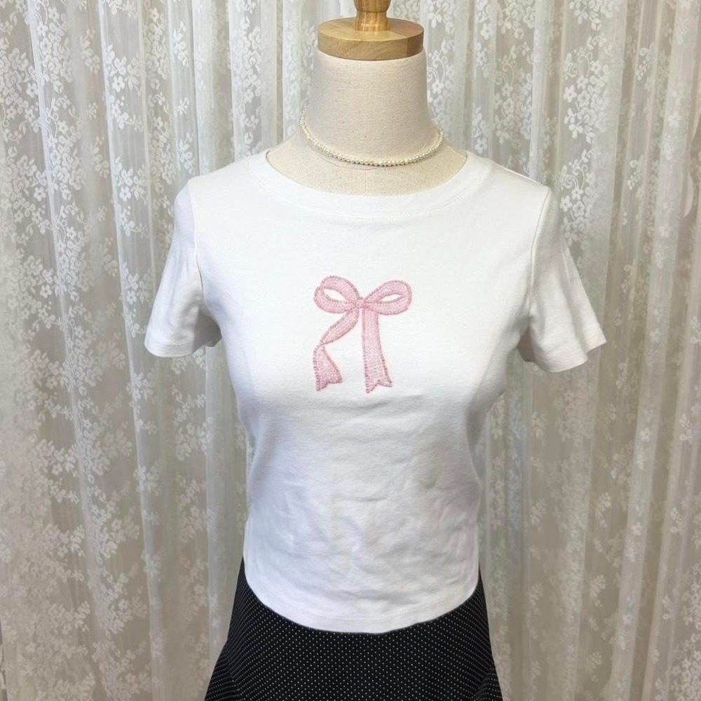 Pacsun Beaded Pink Bow White‎ Baby Tee Women's Large Preppy Feminine